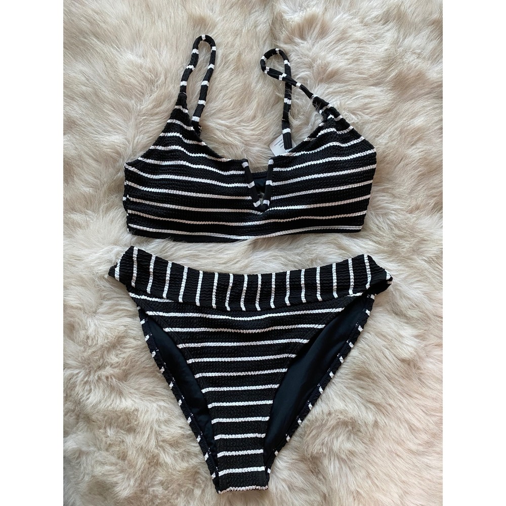 Cupshe Bikini Set Women Large Black White NWT Striped Smocked Two Piece Swimsuit